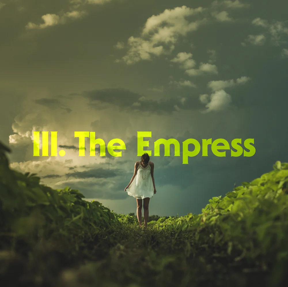 woman in a white dress walking through a lush green field under a dramatic sky, with sunlight breaking through the clouds