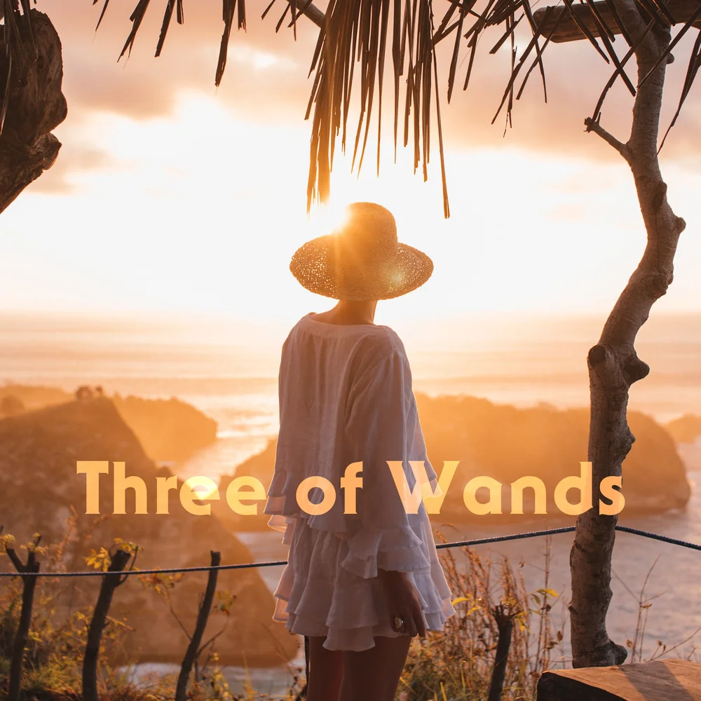 A woman in a white dress and straw hat gazes toward a glowing horizon. She stands at a sun-drenched cliff's edge, framed by trees, bathed in golden light. The world ahead feels wide, open, and full of promise.