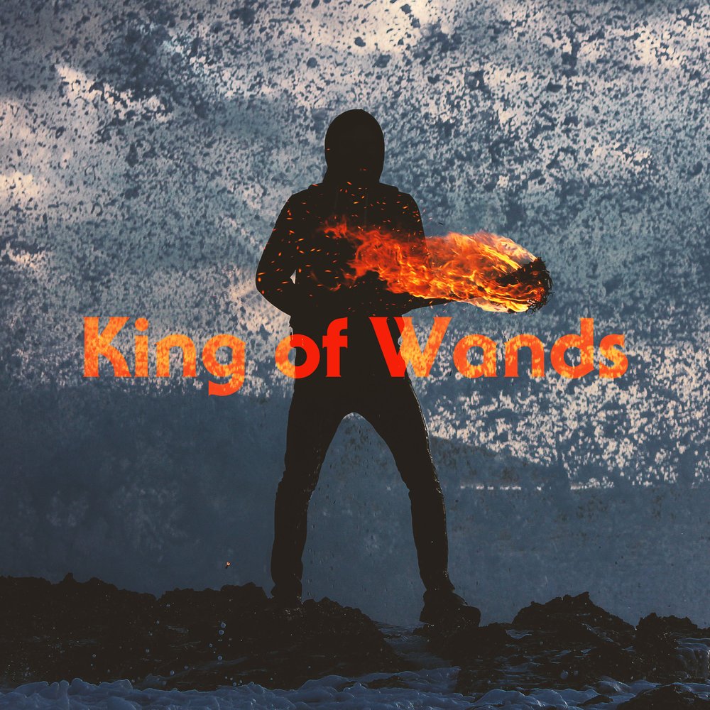 a silhouetted figure stands against a crashing wave, holding a wood torch engulfed in fire. the flames arc outward like a comet, suggesting control, vision, and fiery mastery
