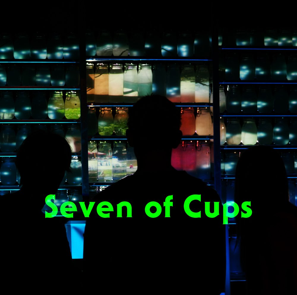 three silhouetted figures stand before a wall of glowing jars, each containing different images or lights β a surreal and dreamlike array of choices, temptations, and illusions