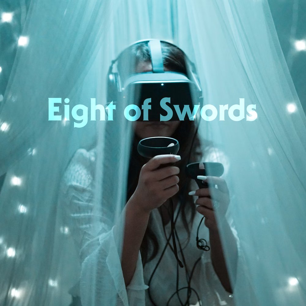 a woman in a VR headset surrounded by sheer curtains and fairy lights, seemingly lost in an unseen world