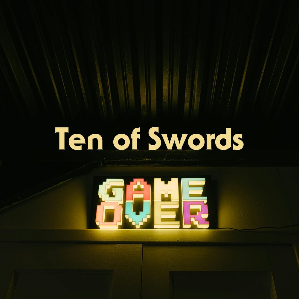 A dark ceiling with glowing pixelated 'GAME OVER' sign, evoking finality and digital doom.