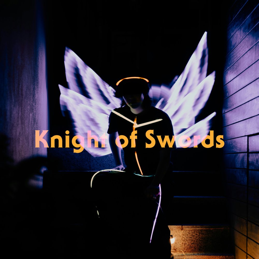 a shadowy figure with glowing lines across their body and blurred light wings kneels in a narrow hallway. the lighting is dark and electric, full of motion and intensity