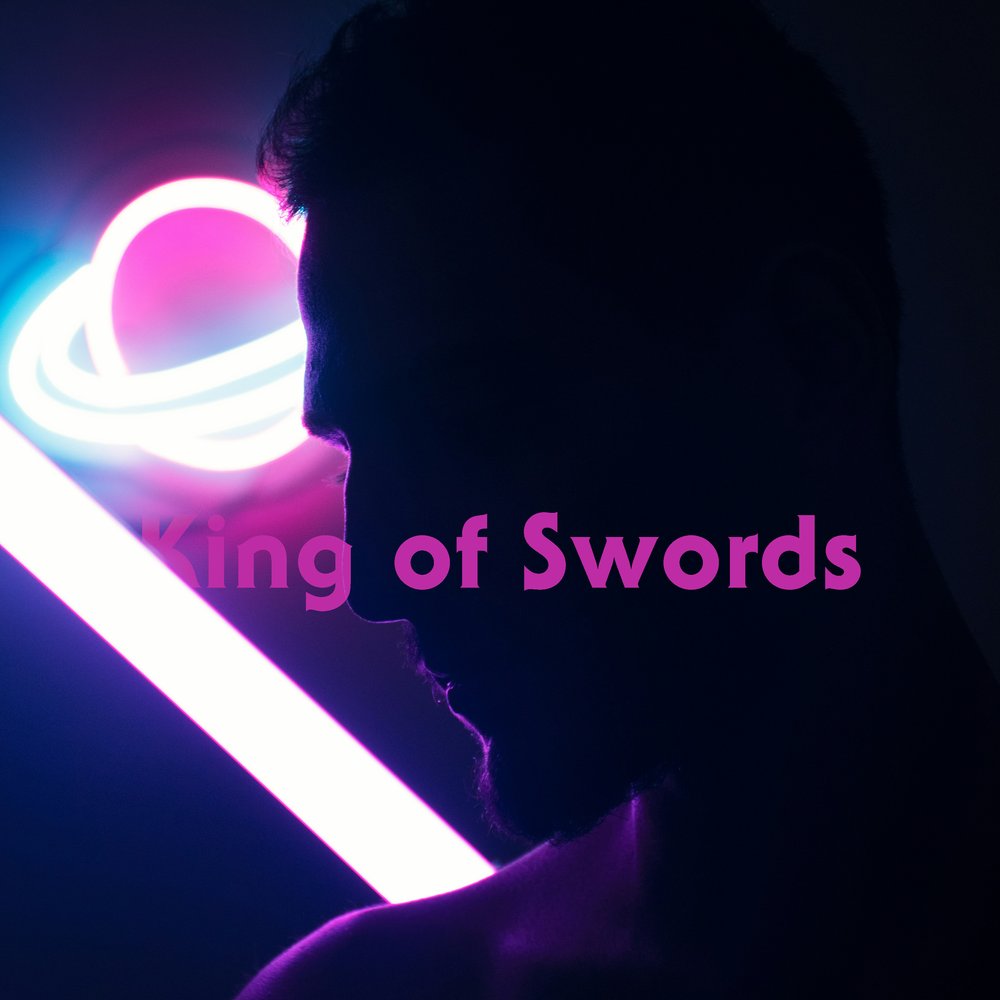 a man in shadow faces left. behind him, a glowing neon Saturn and violet light beam cast his profile in pink and purple hues. he looks focused, nearly imperious, lost in thought.
