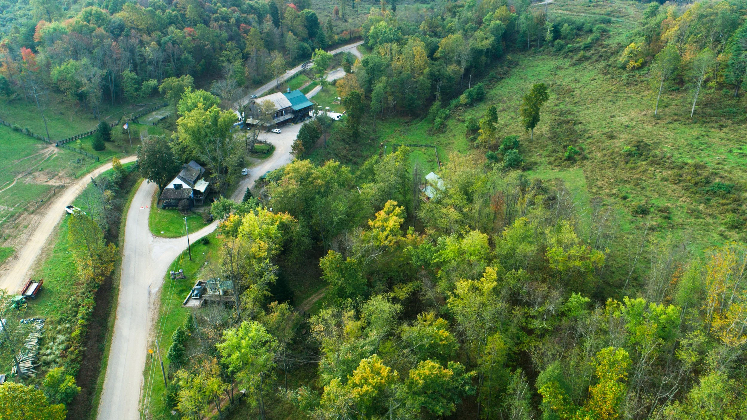 Aerial drone view of Rivercrest Farm wedding venue in Dover, Ohio, captured by Blue Home Productions.