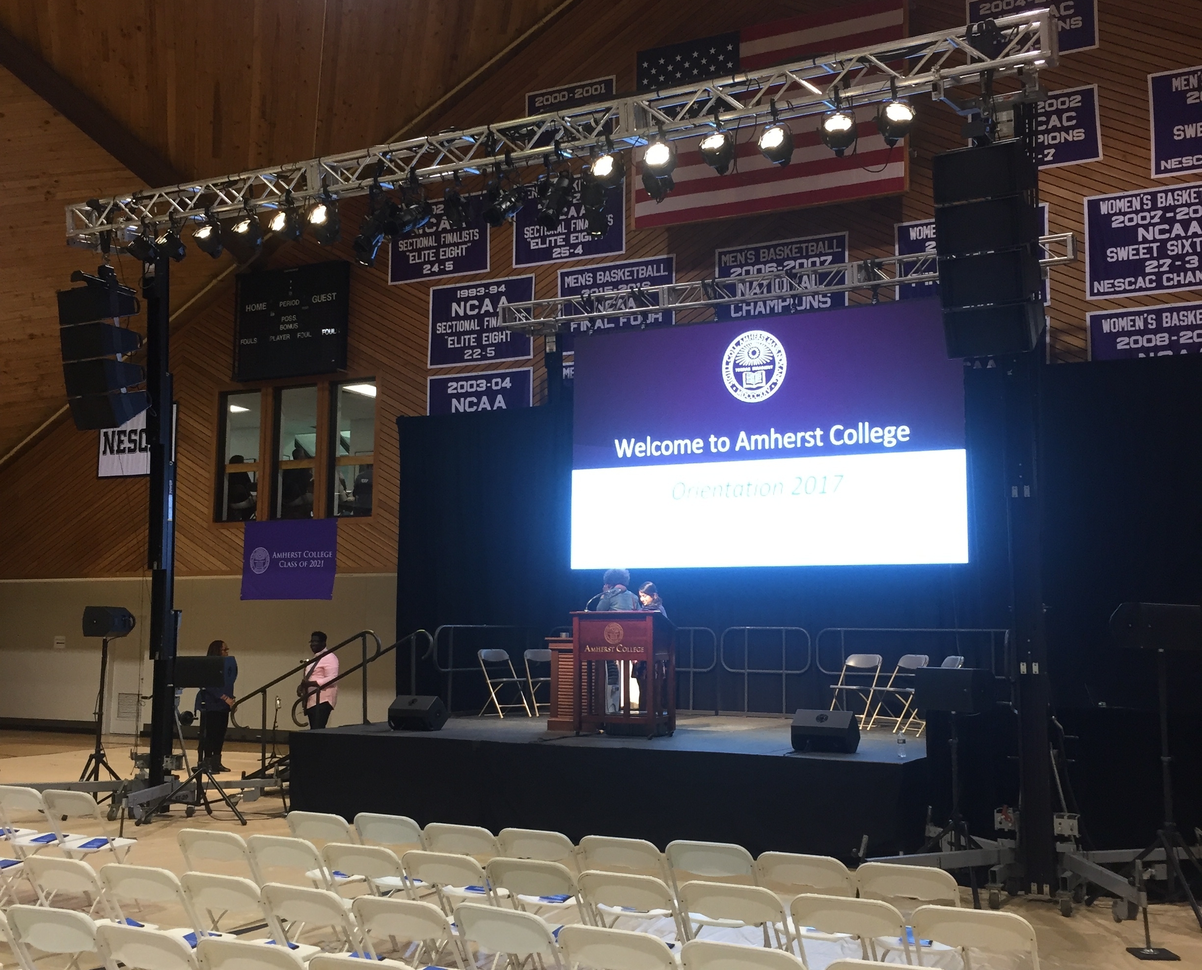  Audio, lighting, Truss, stage and video for the new student orientation at Amherst College. 