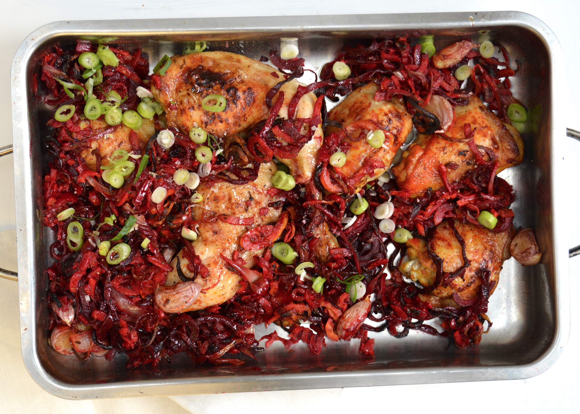 Roast Chicken with Spiralized Beetroot and Sweet Potato
