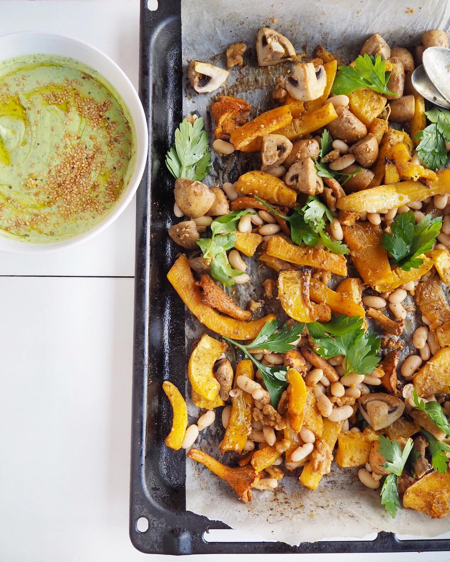 Autumn Tray Bake with Green Tahini