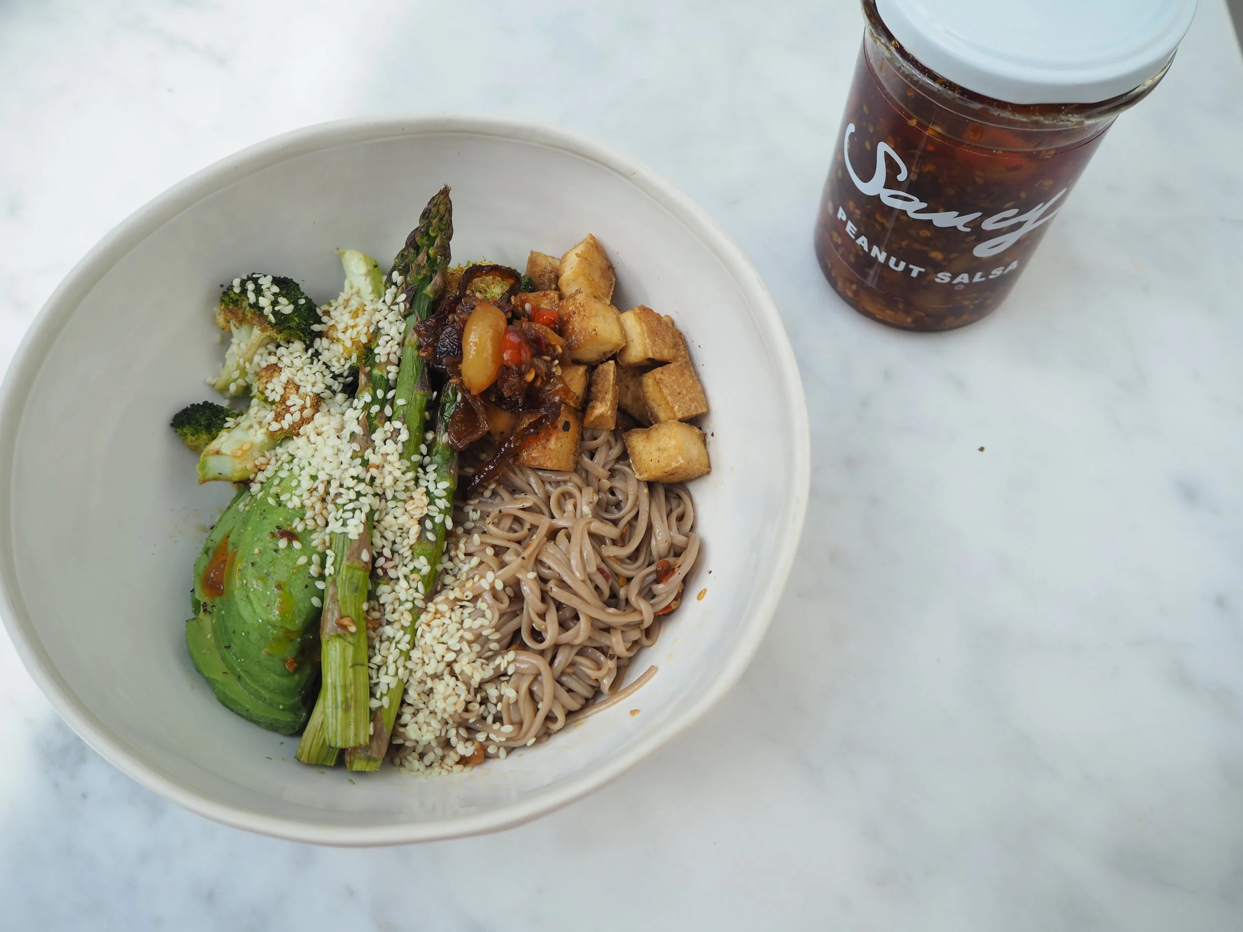 Easy Noodles with Seasonal Veg and Peanut Salsa