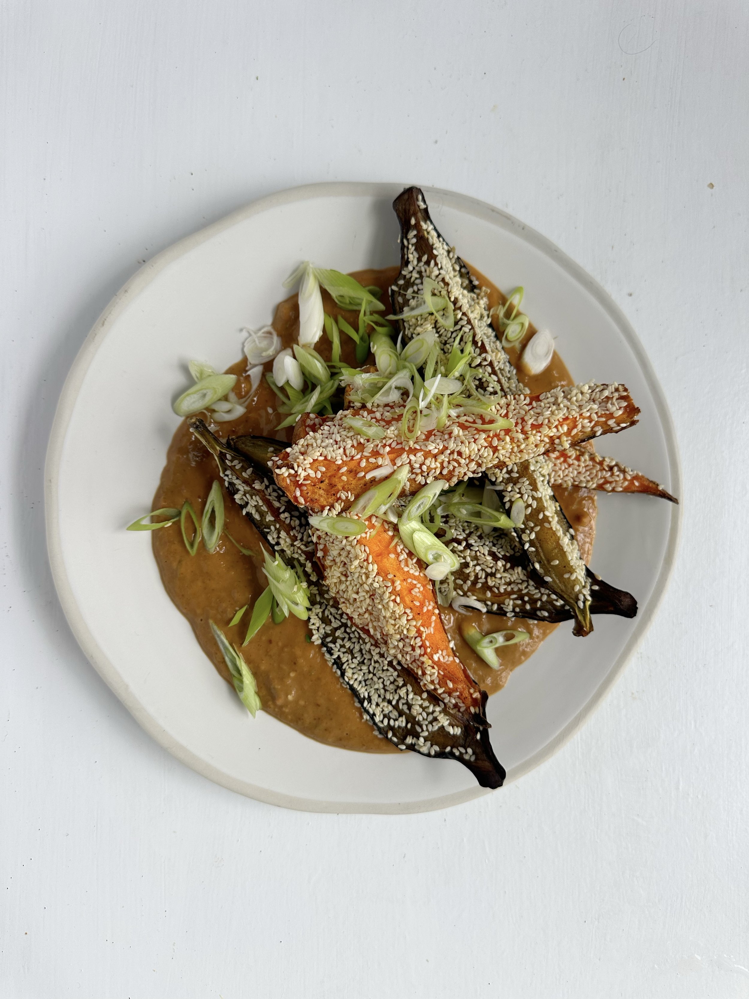 Sesame Aubergine &amp; Sweet Potato One Tray with Peanut Sauce
