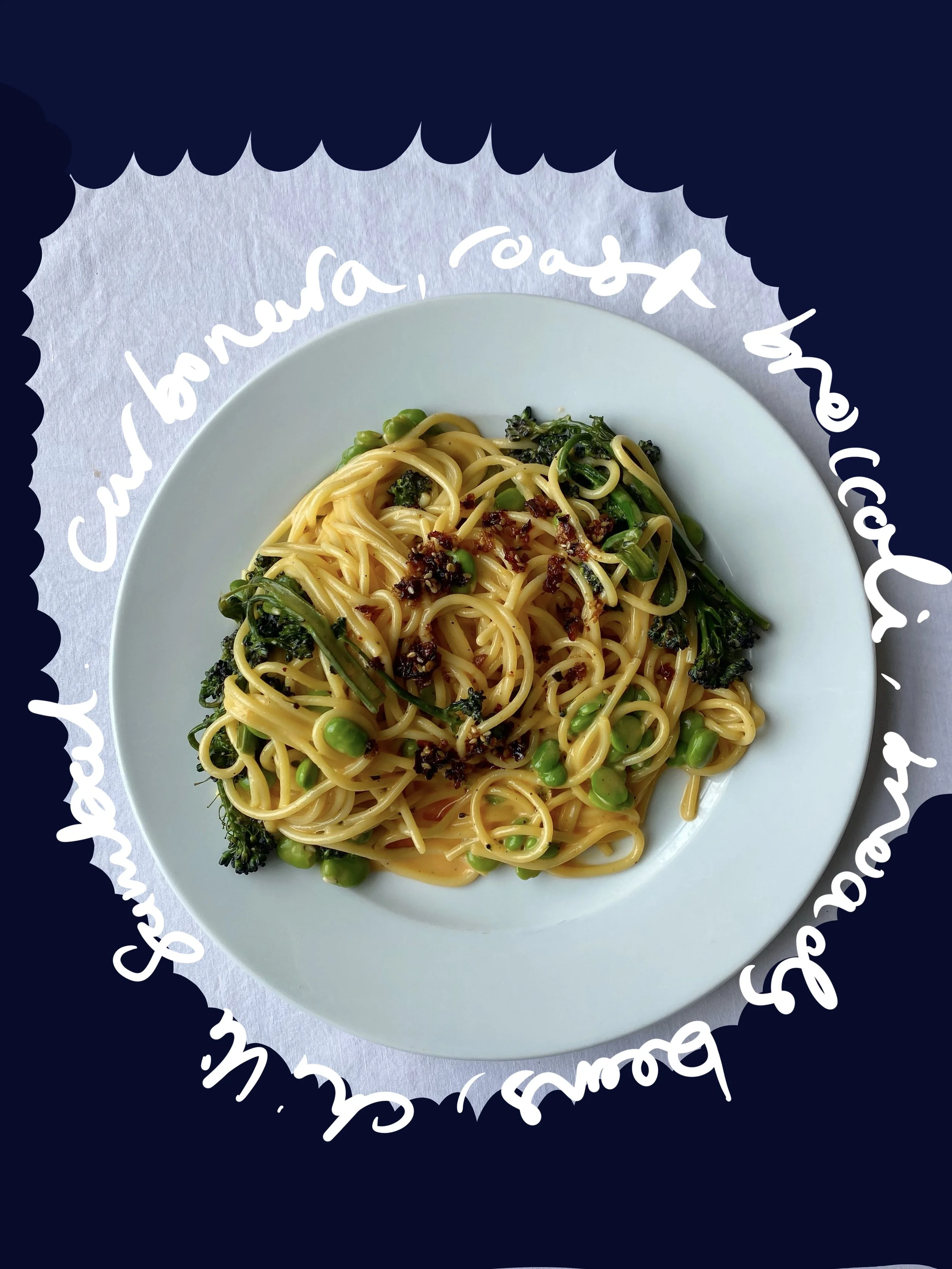 Carbonara with Roast Broccoli + Broad Beans