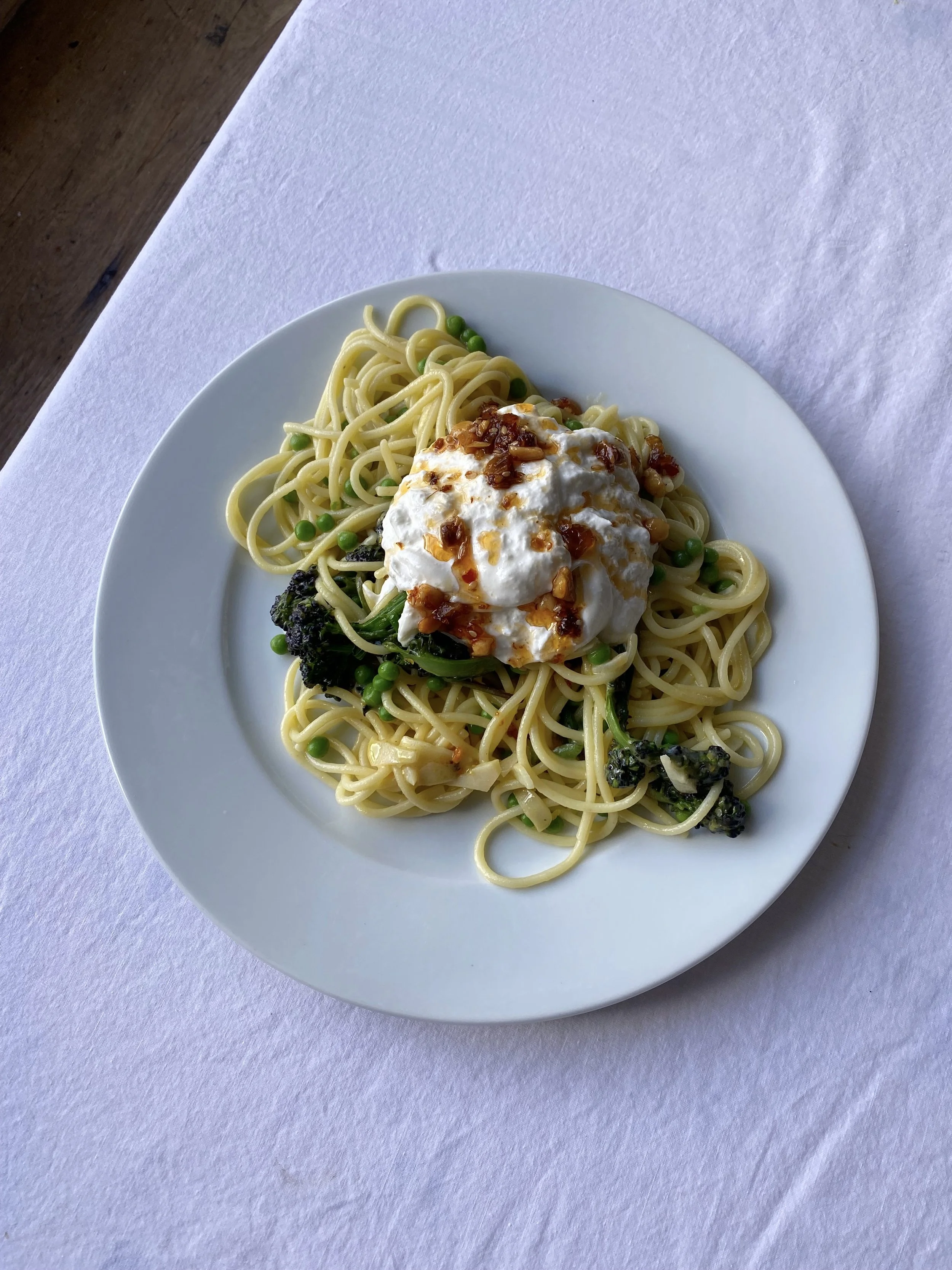  Primavera Spaghetti, Burrata + Peanut Salsa