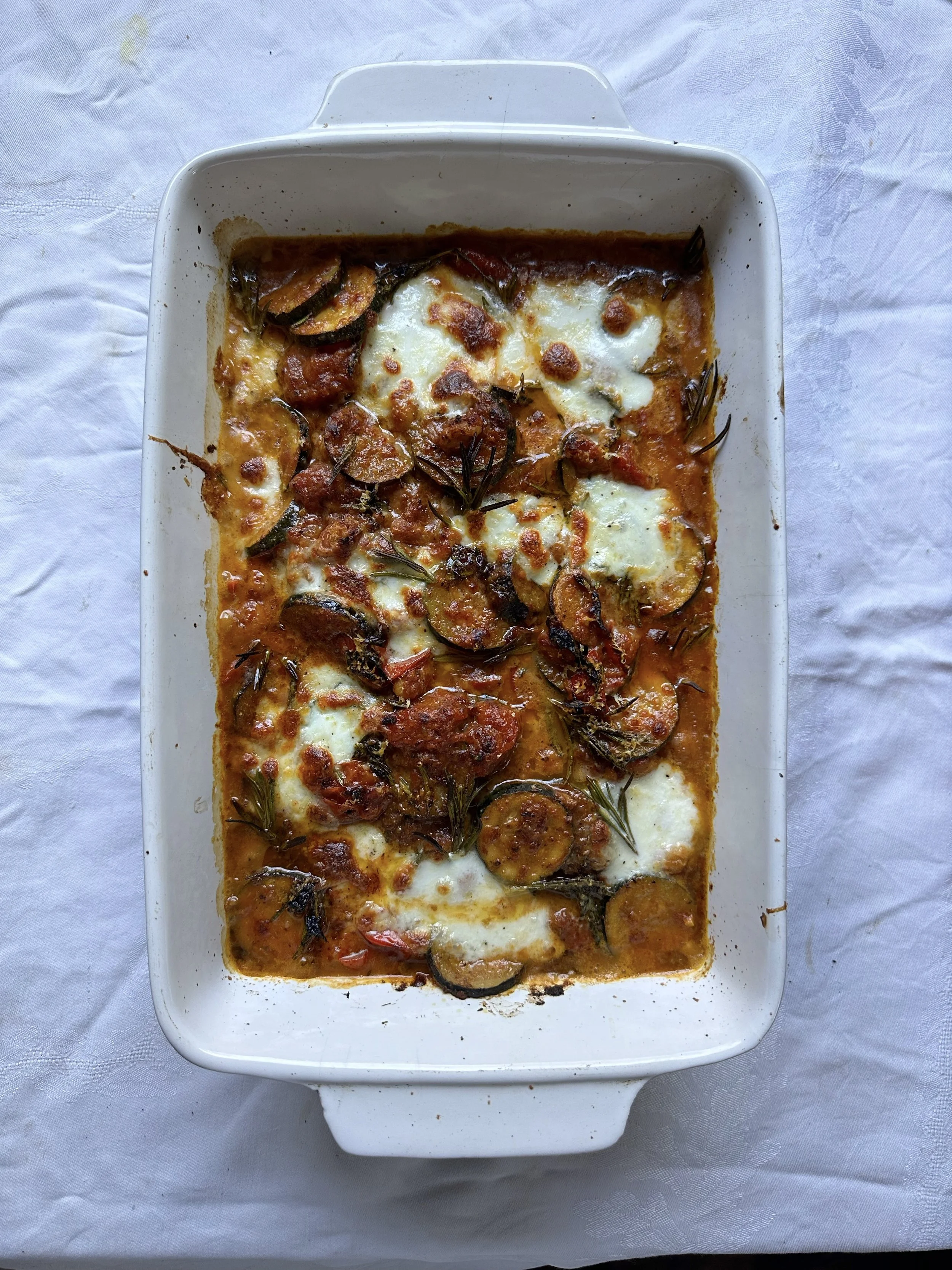 Provençal Bean Gratin with Tomatoes, Courgette + Mozzarella