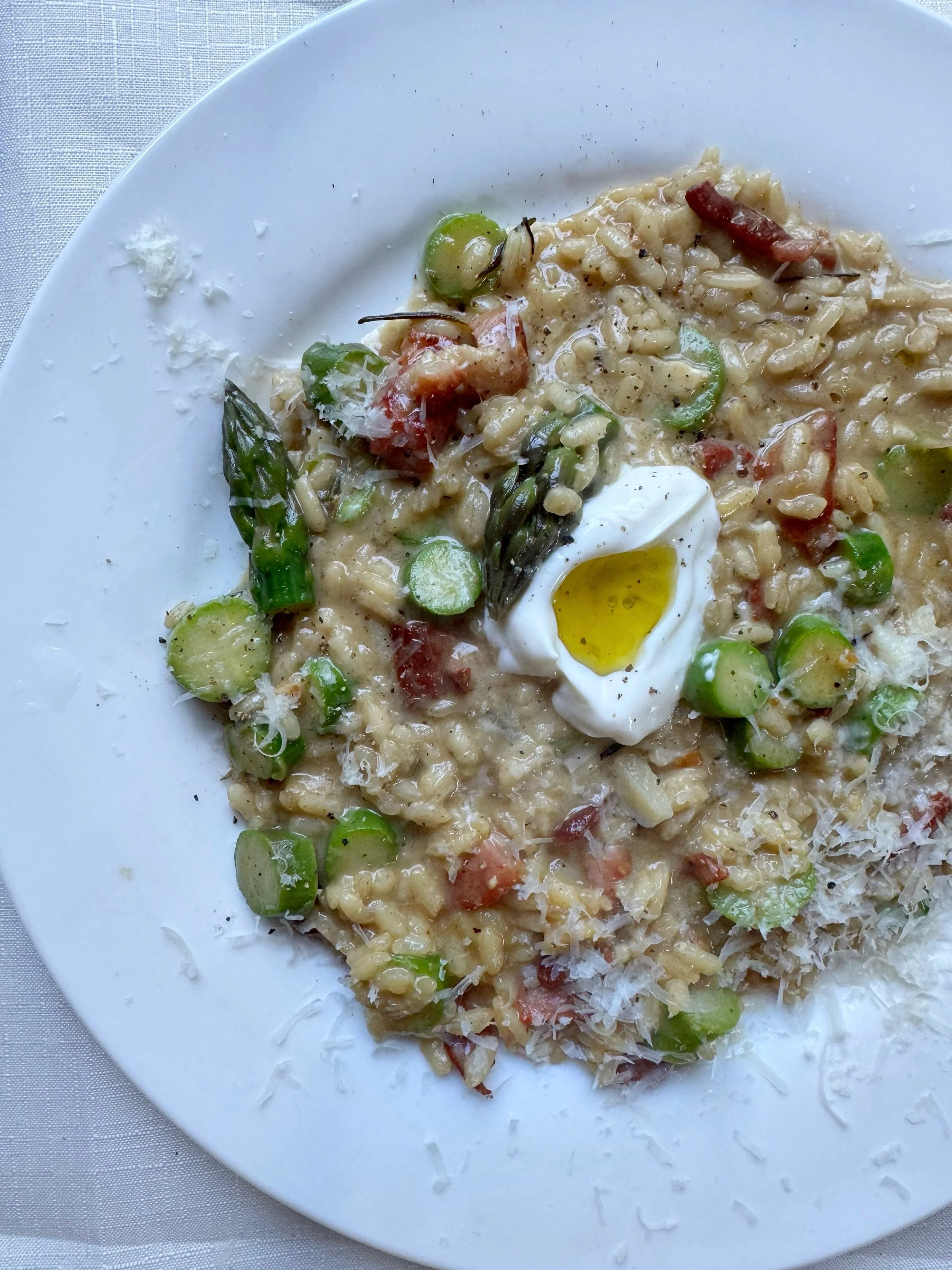 Asparagus Risotto with Lardons, Crème Fraîche &amp; Rosemary