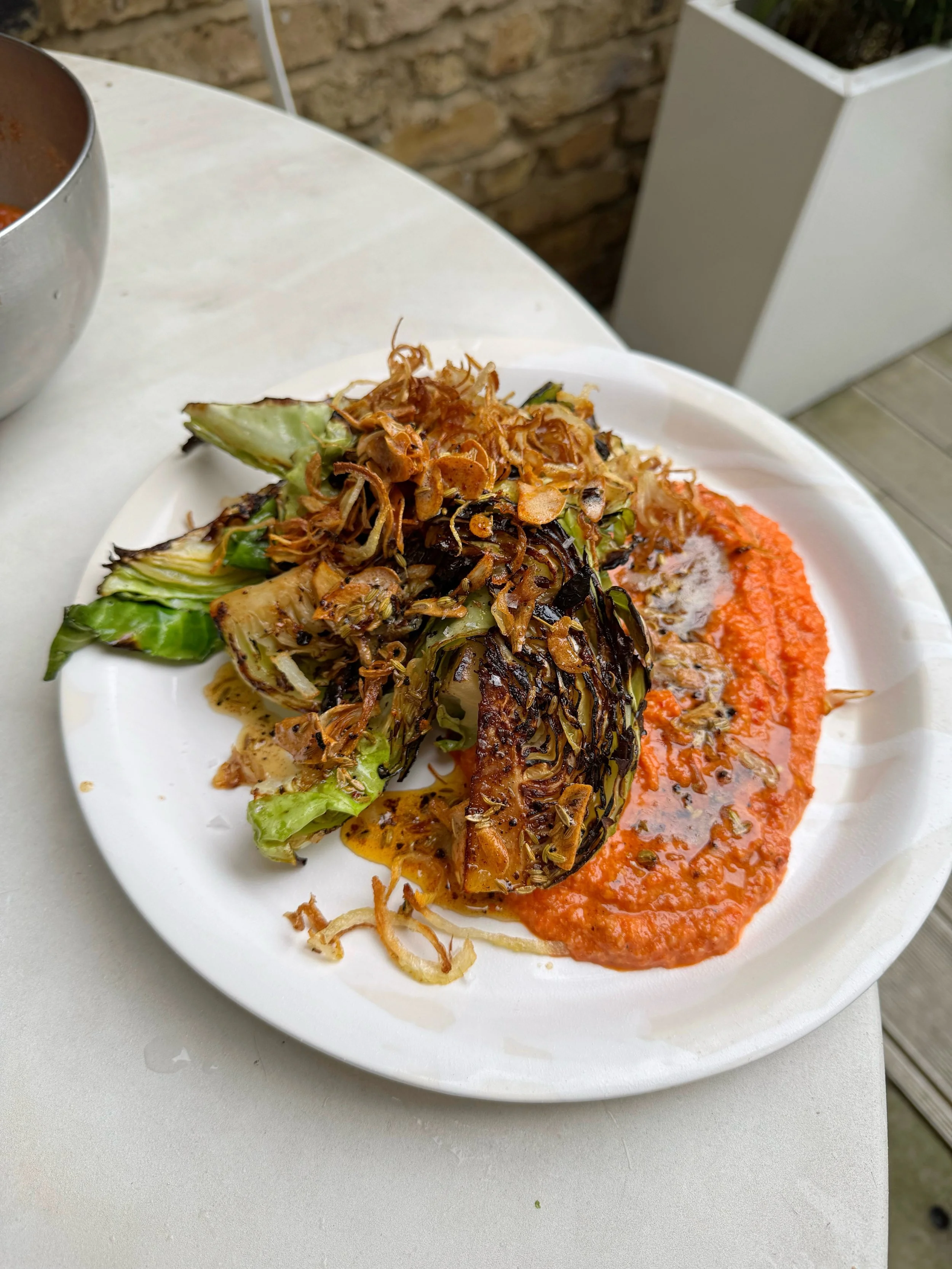Hispi Cabbage, Brown Butter Crispy Garlic + Romesco