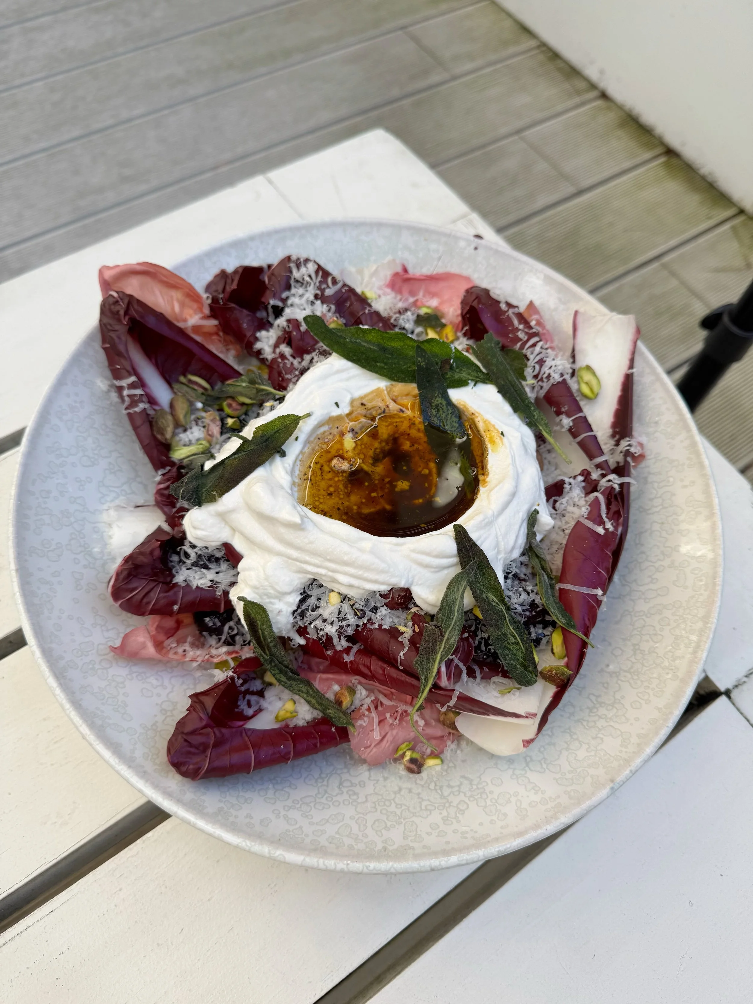 Radicchio, Roast Grapes, Pistachios, Crispy Sage with Whipped Ricotta