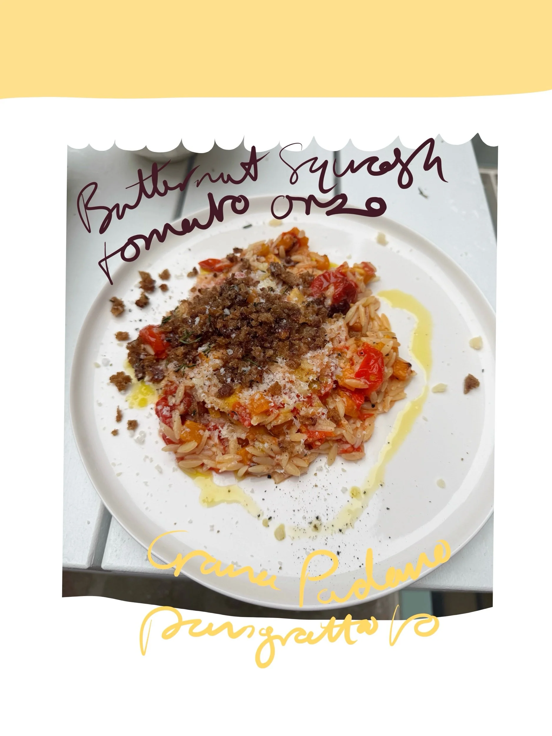 Cheers and Cheese: Ep.1 Butternut Squash + Tomato Orzo, Crispy Rosemary Grana Padano PDO Topping