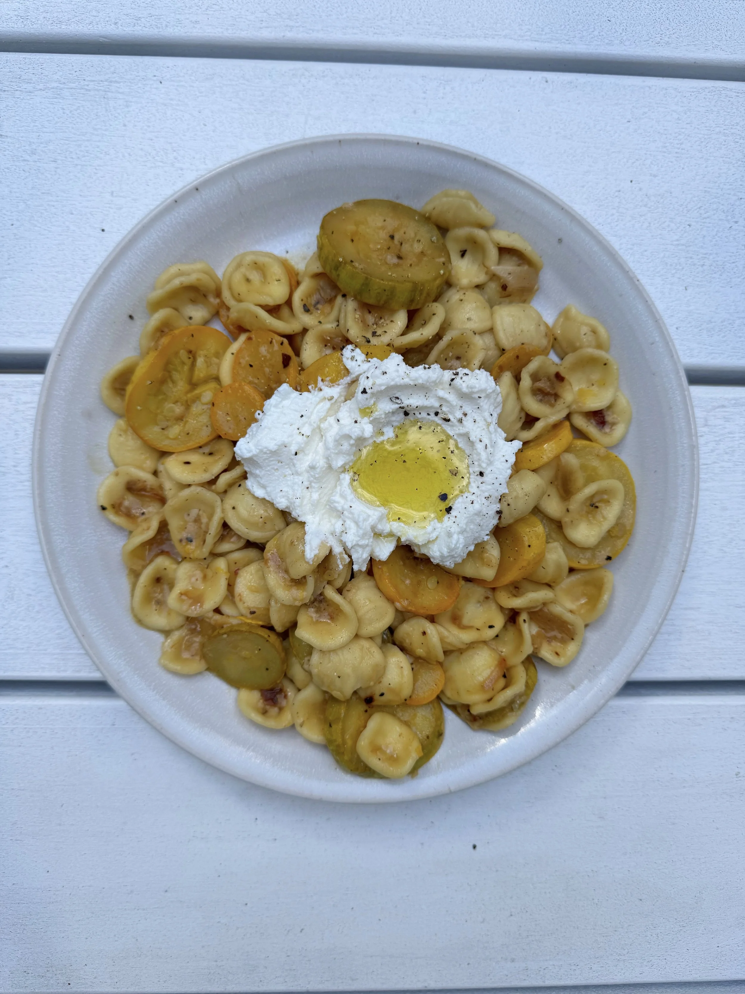 Stewed Courgette Orecchiette with Gruyère + Ricotta