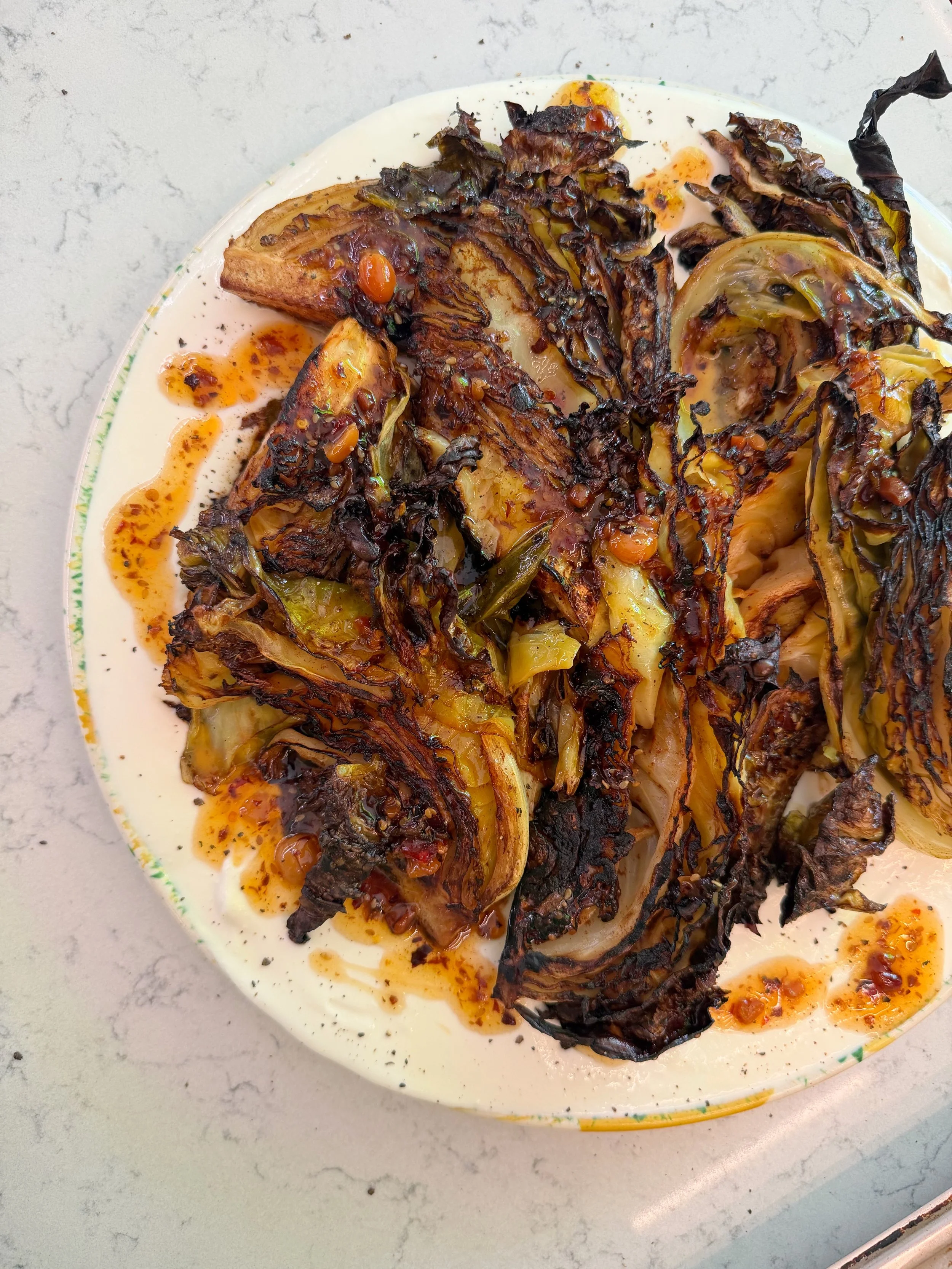 Butter Charred Hispi Cabbage, Whipped Feta &amp; Hot Honey Chilli Oil