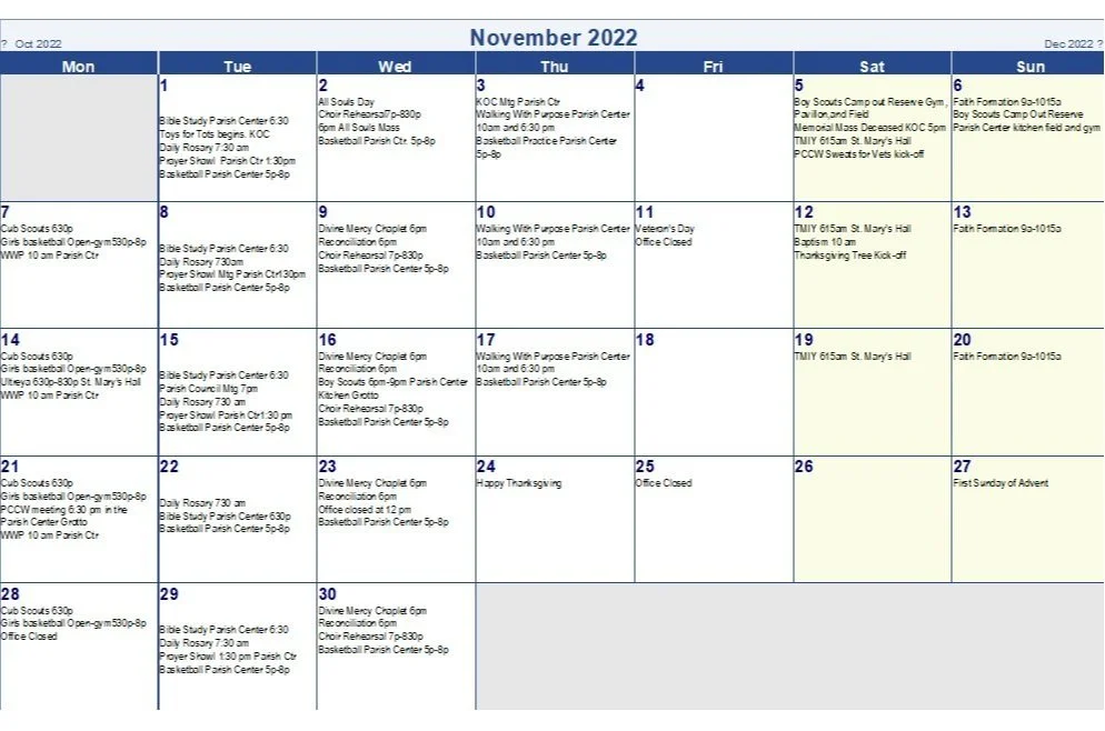 Calendar — Our Lady of Lourdes Church