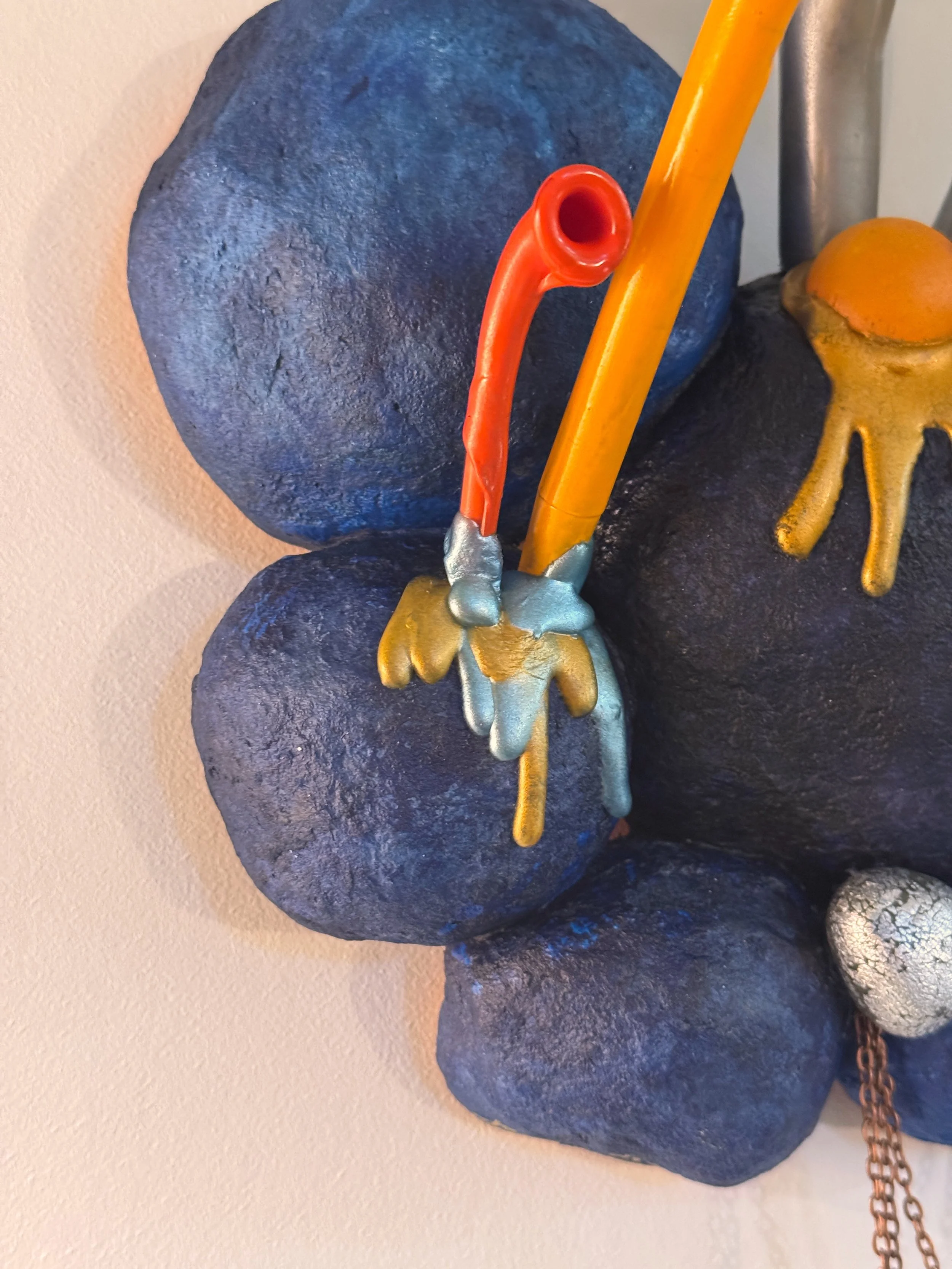 Blue wall sculpture, cairn sculpture, surreal art, alien plant sculpture, pop art sculpture, Jane Cheek, whimsical wall art