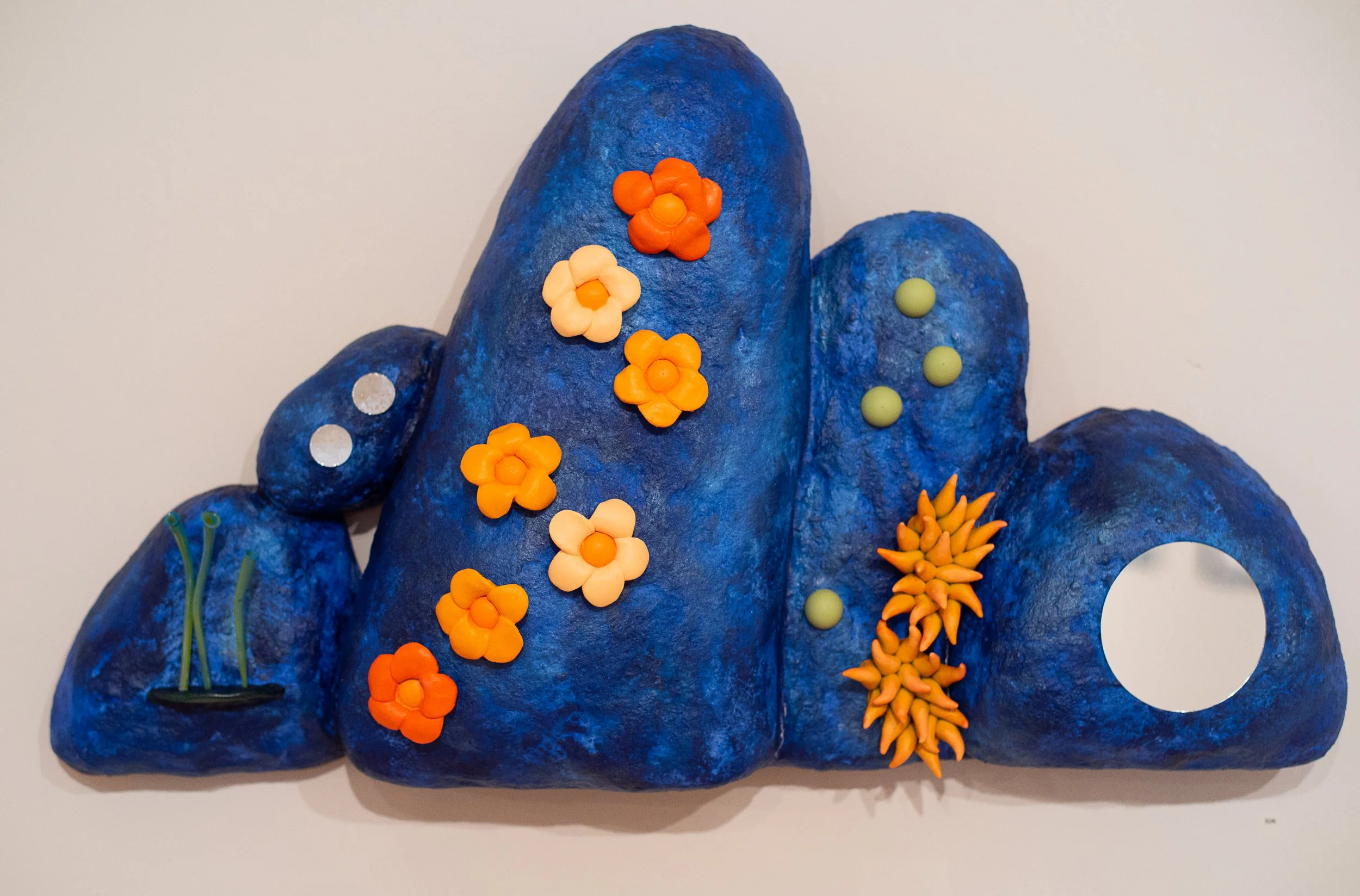 otherworldly art, reclaimed materials, wall sculpture, 3-D wall art, abstract art, plant and rock sculpture, cobalt blue wall art