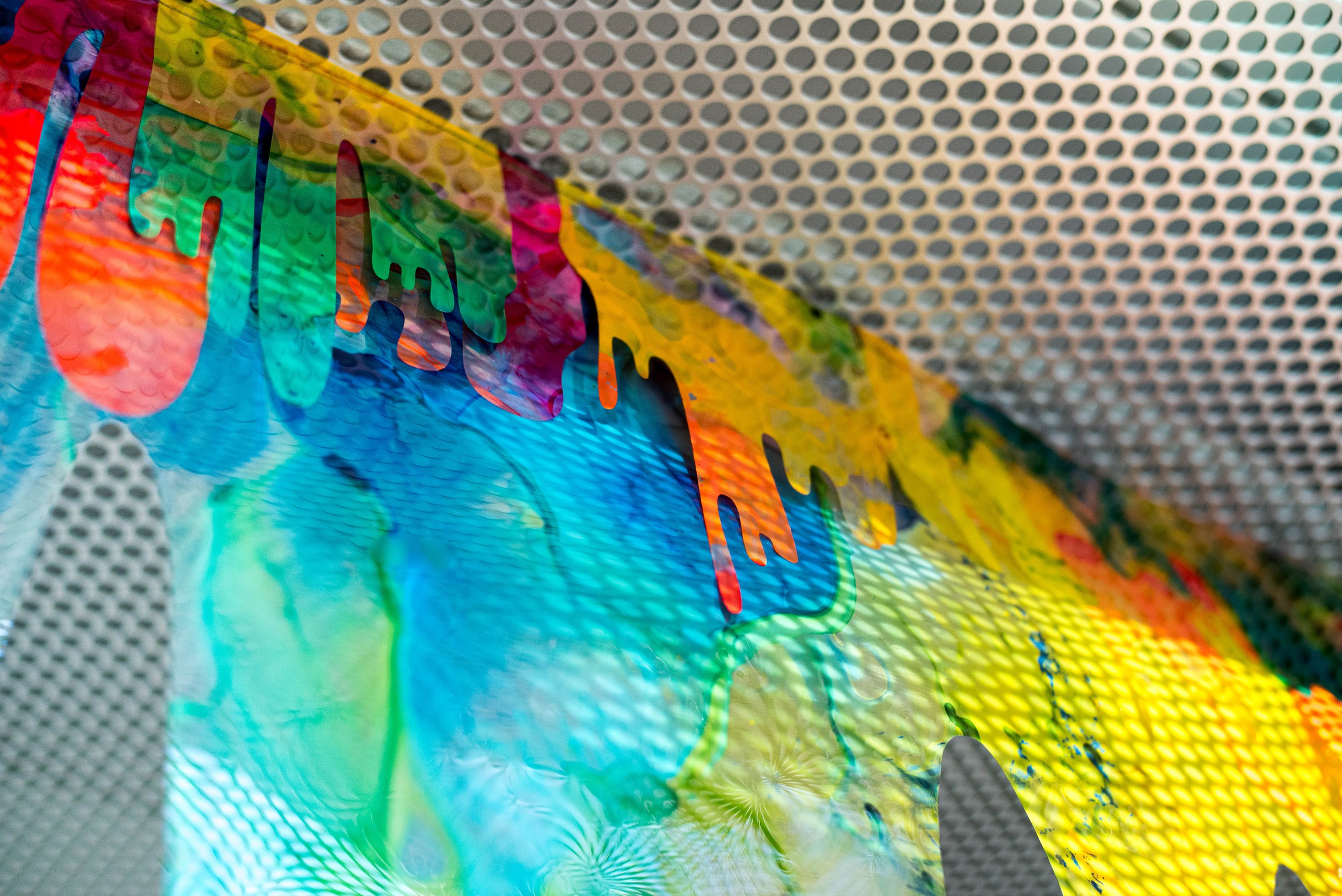  Colorful installation featuring acrylic on mylar by Jane Cheek at Pullen Arts Center, Raleigh NC 
