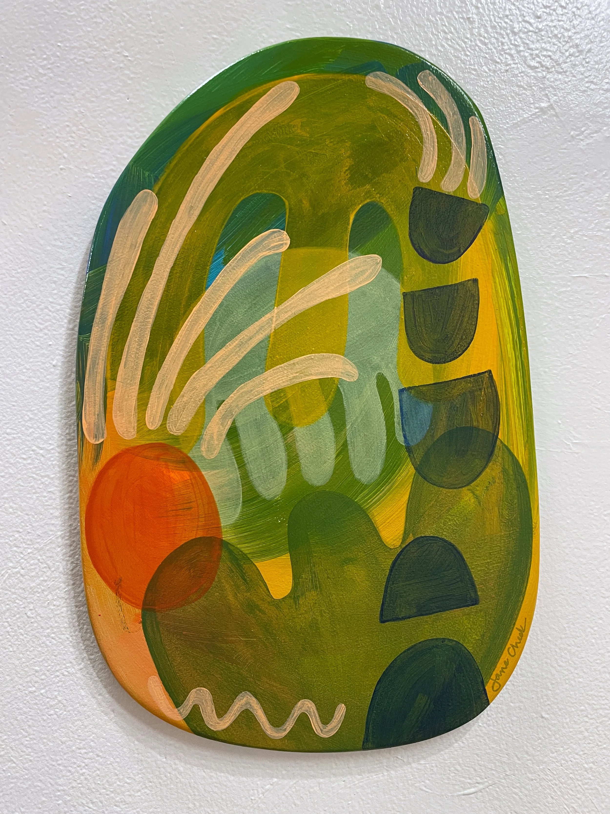 Mid century modern painting, green, peach, orange, blue abstract painting, affordable original art