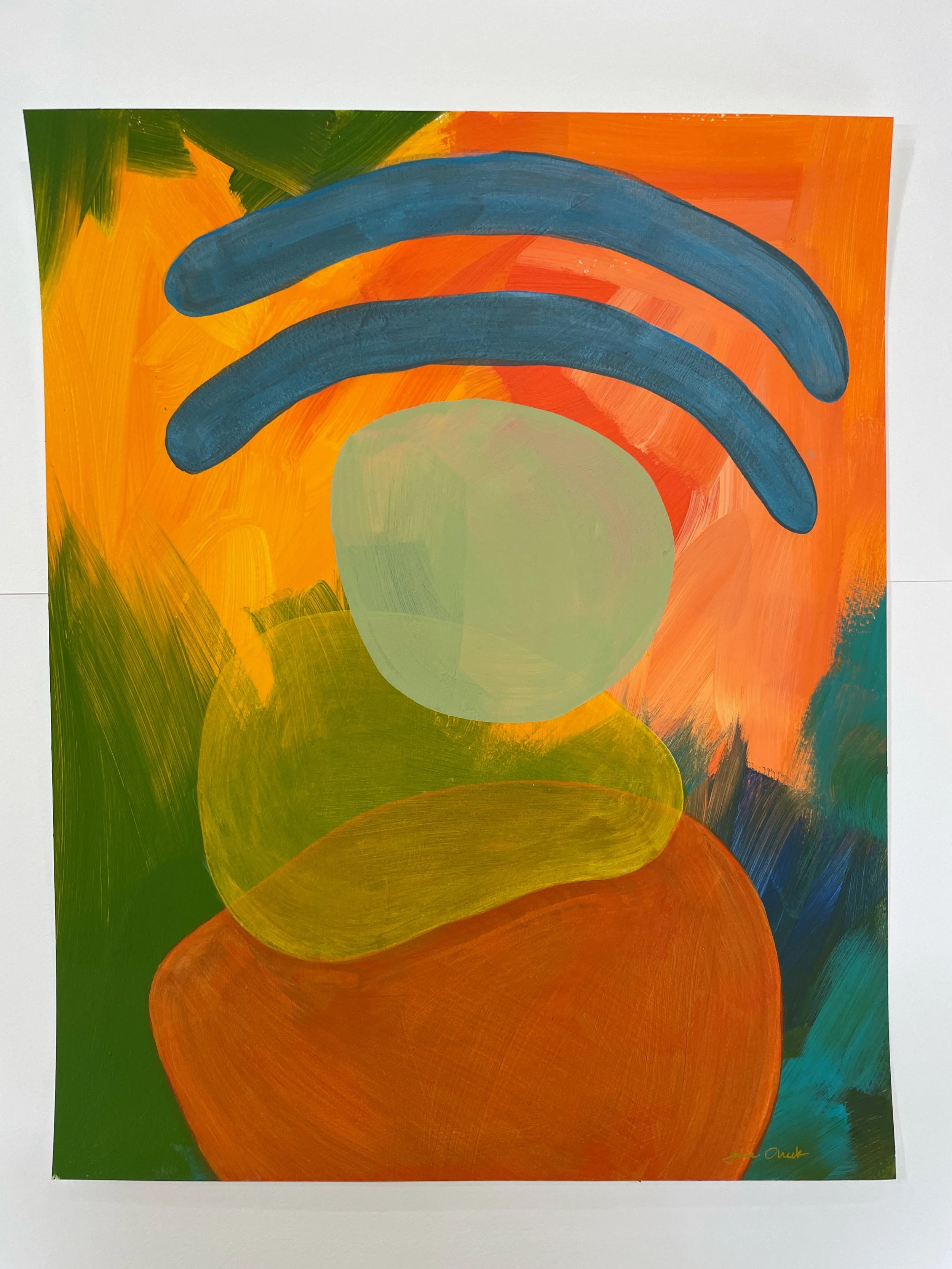 Mid century modern painting, original art, minimalist abstract art, orange, yellow, sage green, blue