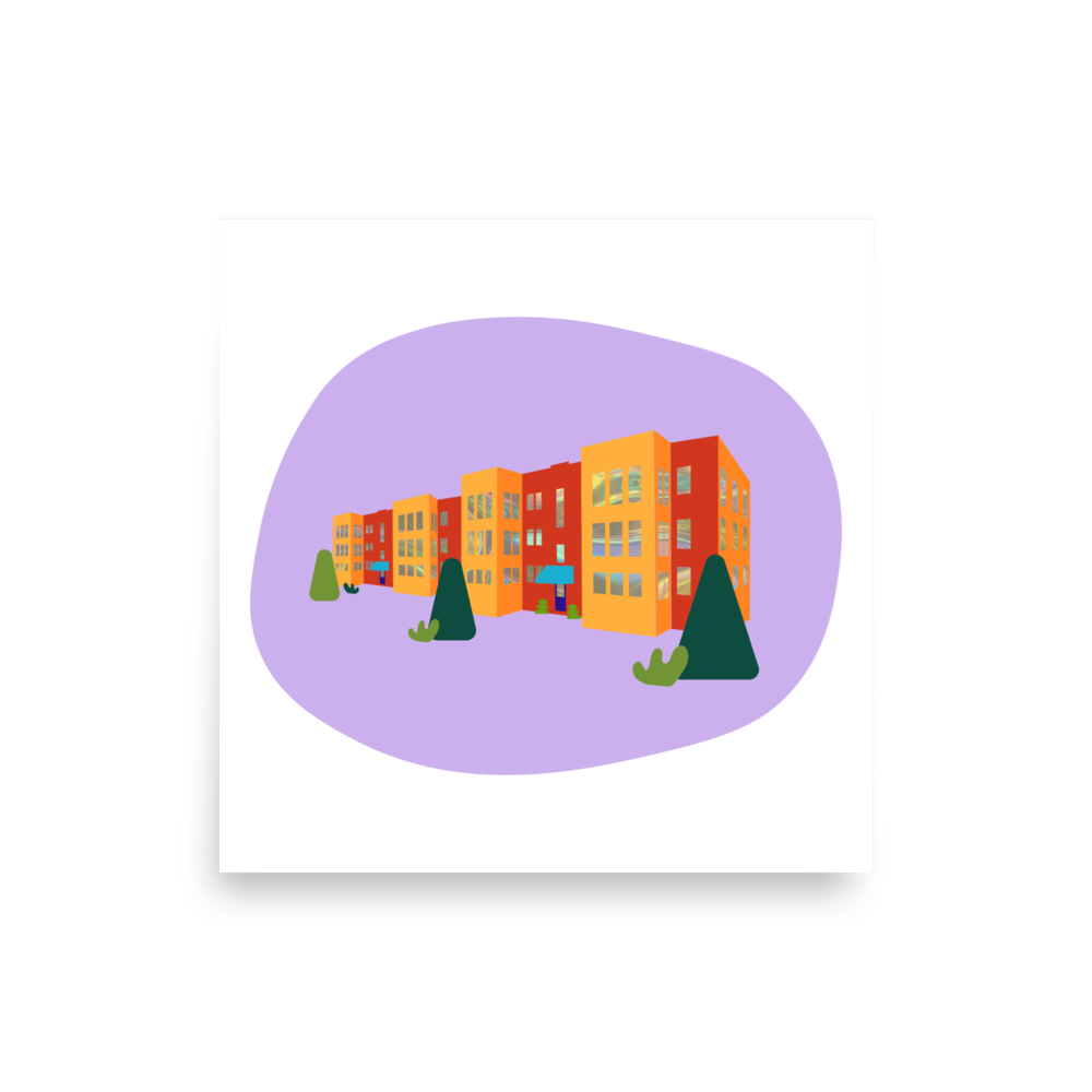 colorful print of a mid century apartment building, minimalist and whimsical art print