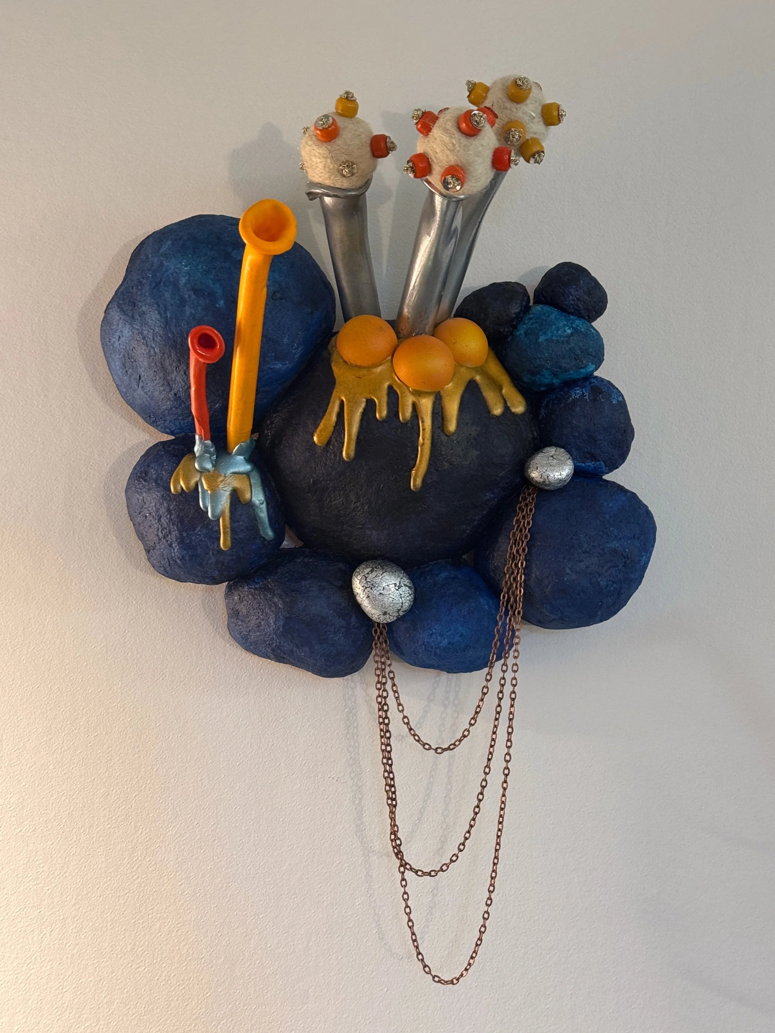 Blue wall sculpture, cairn sculpture, surreal art, alien plant sculpture, pop art sculpture, Jane Cheek, whimsical wall art