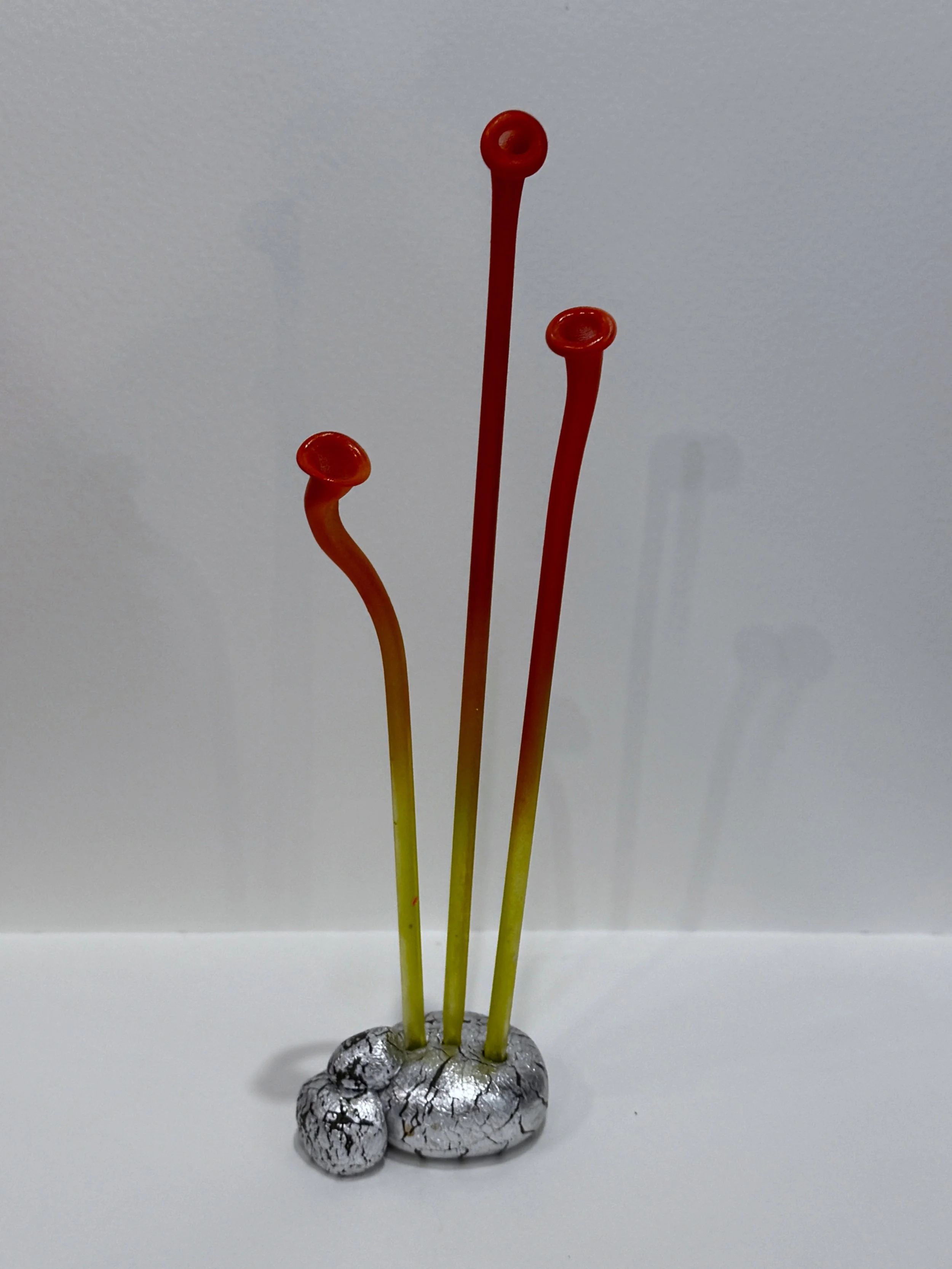 free standing sculpture, table top sculpture, bookshelf art, abstract plant sculpture, colorful whimsical art, alien plant sculpture, reclaimed materials, surreal art