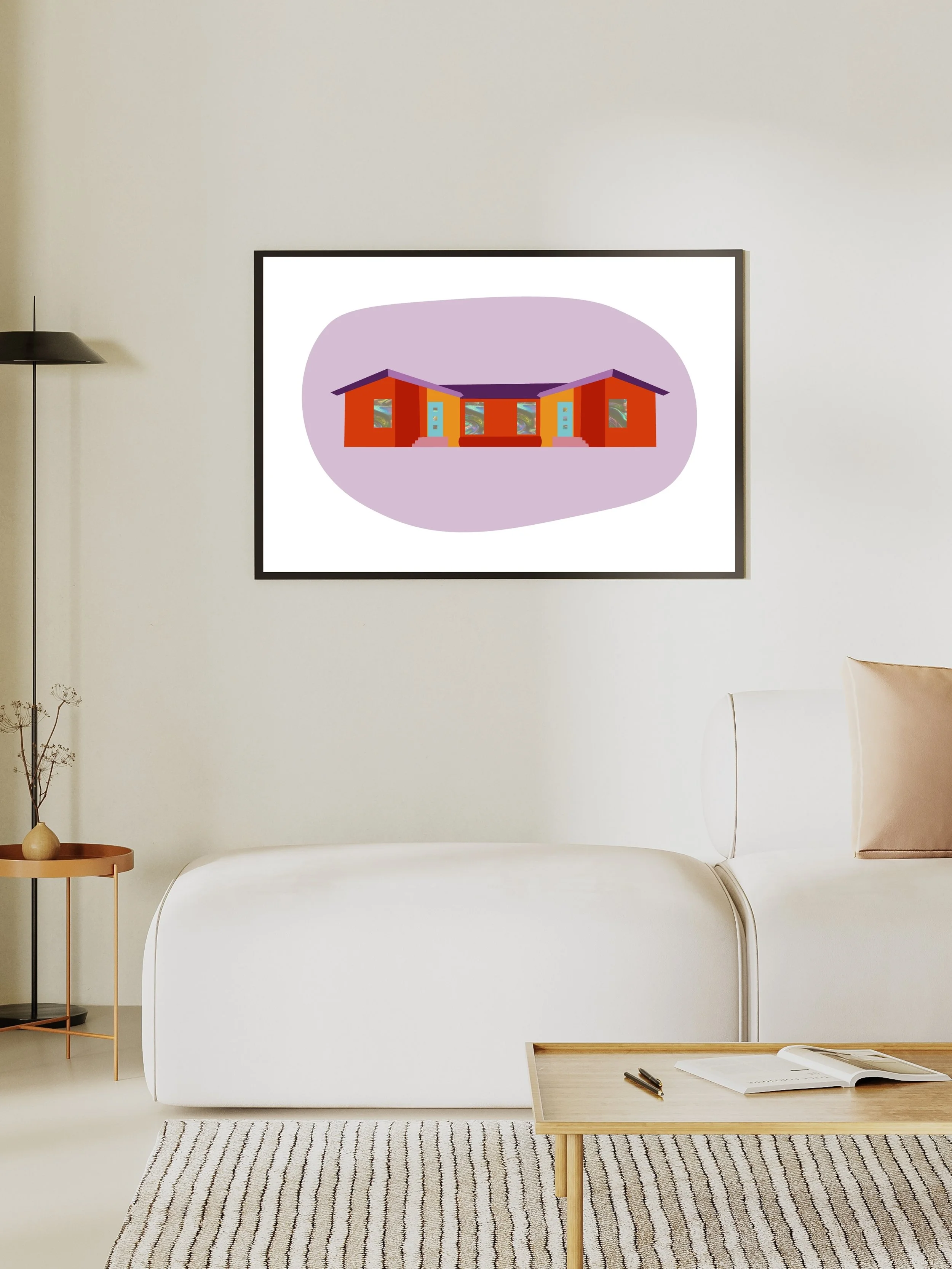 colorful print of a mid century home, minimalist and whimsical art print (Copy)
