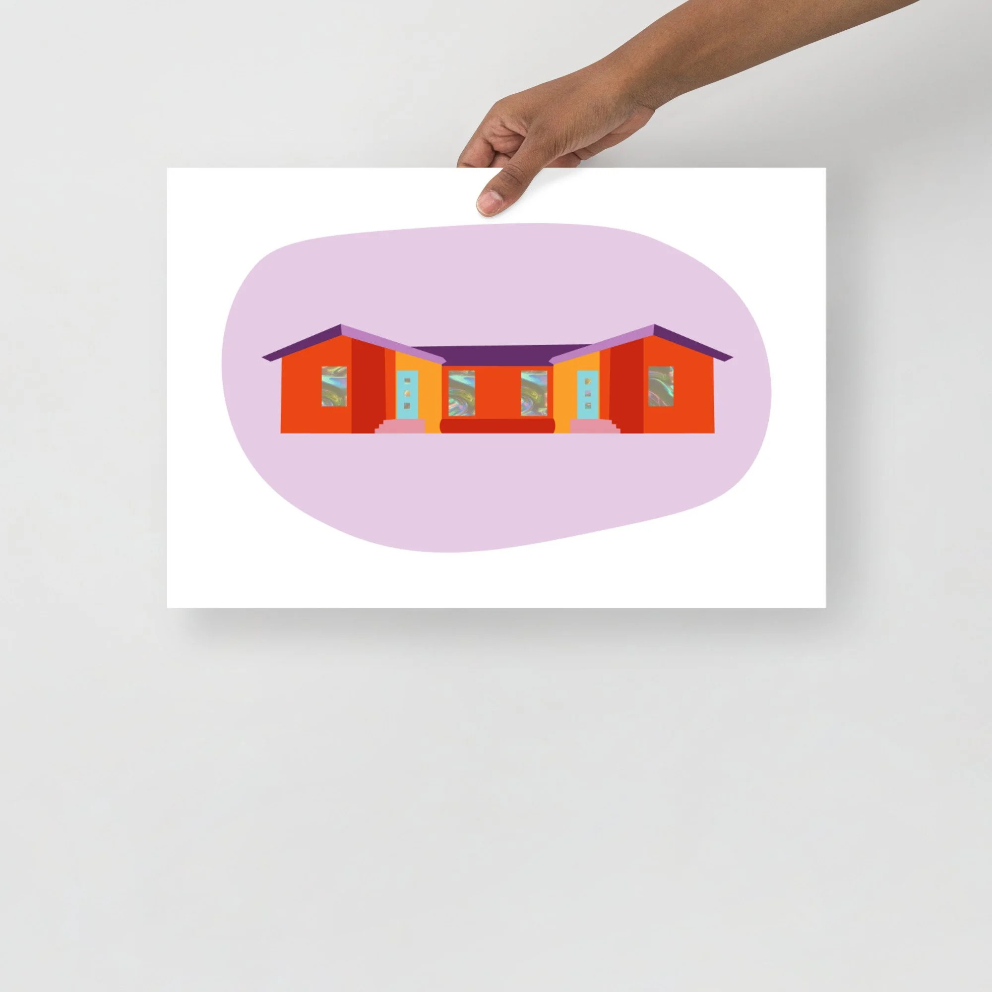 colorful print of a mid century home, minimalist and whimsical art print
