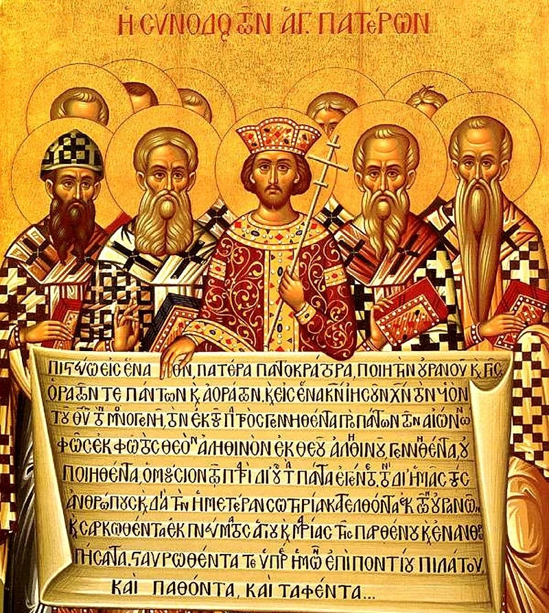 The Fathers of the First Ecumenical Council in Nicene holding the Nicene Creed which was composed and agreed upon during the Council in 381.