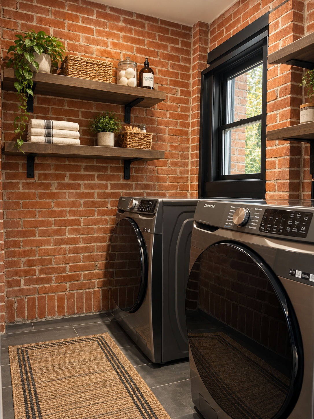 A laundry room with exposed red brick walls, two front-loading Samsung washers, wooden shelves holding towels, plants, and storage baskets, a window with black framing, and a woven rug on gray tiled floor.