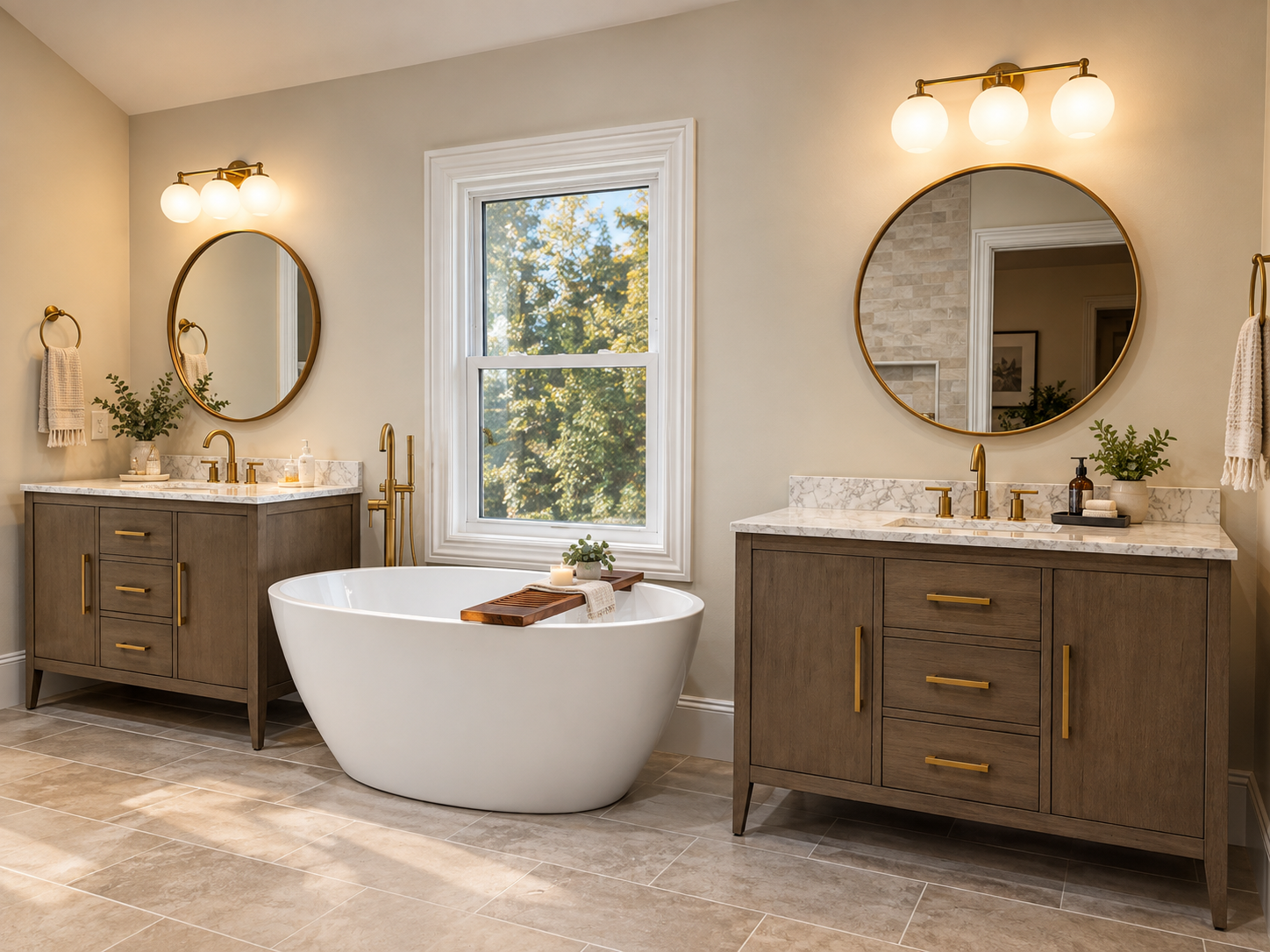 Modern bathroom with dual vanities, round mirrors, gold fixtures, a freestanding bathtub, and natural light from a window, decorated with plants and neutral tones.
