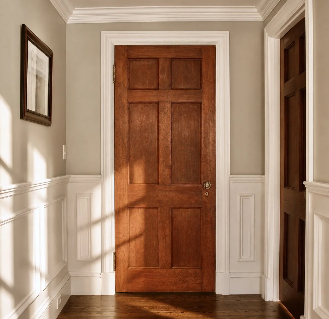 Interior hallway with a wooden door, framed picture on the wall, white wainscoting, and hardwood flooring.