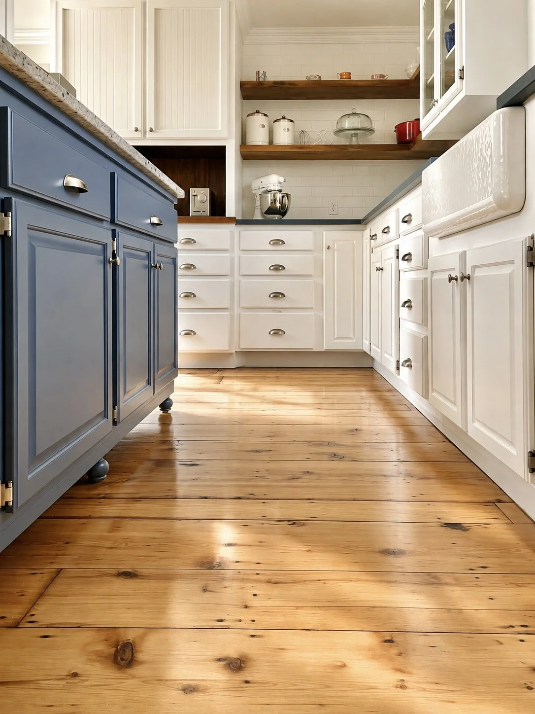 A kitchen with wooden flooring, white cabinets, a blue kitchen island, and open wooden shelves with kitchen items.