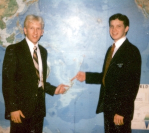 Elder Lynn Parsons and myself in front of the world map at the MTC.