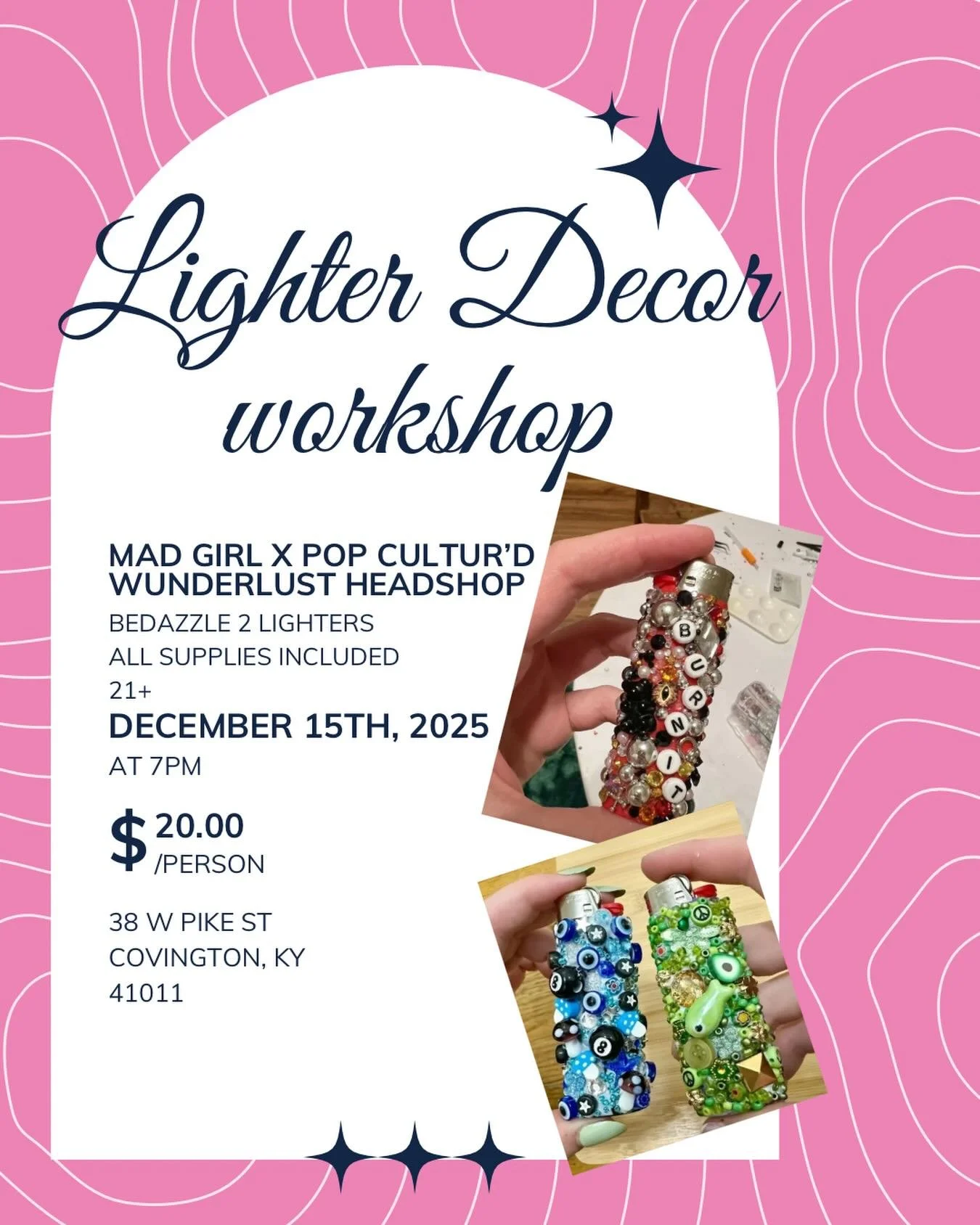 Next Monday at Wundurlust Headshop we&rsquo;re doing a lighter decorating workshop! Perfect girls activity, date night or last minute gift idea. Link for tickets in the bio 🔥