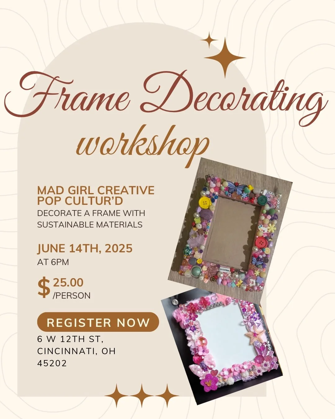 FRAME DECORATING WORKSHOP on June 14 with @popculturdco 🩷

All supplies are sustainably sourced and included. Link in bio to reserve your spot.