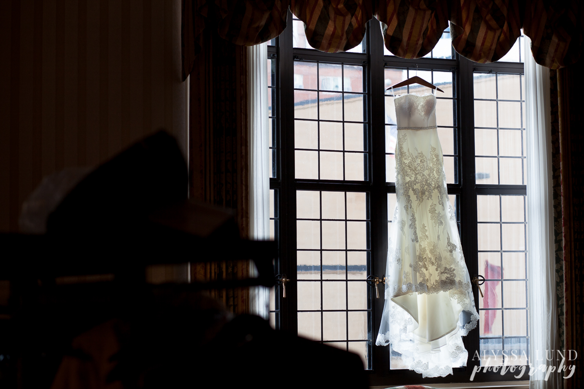 Wedding dress in a window at the Minneapolis Club