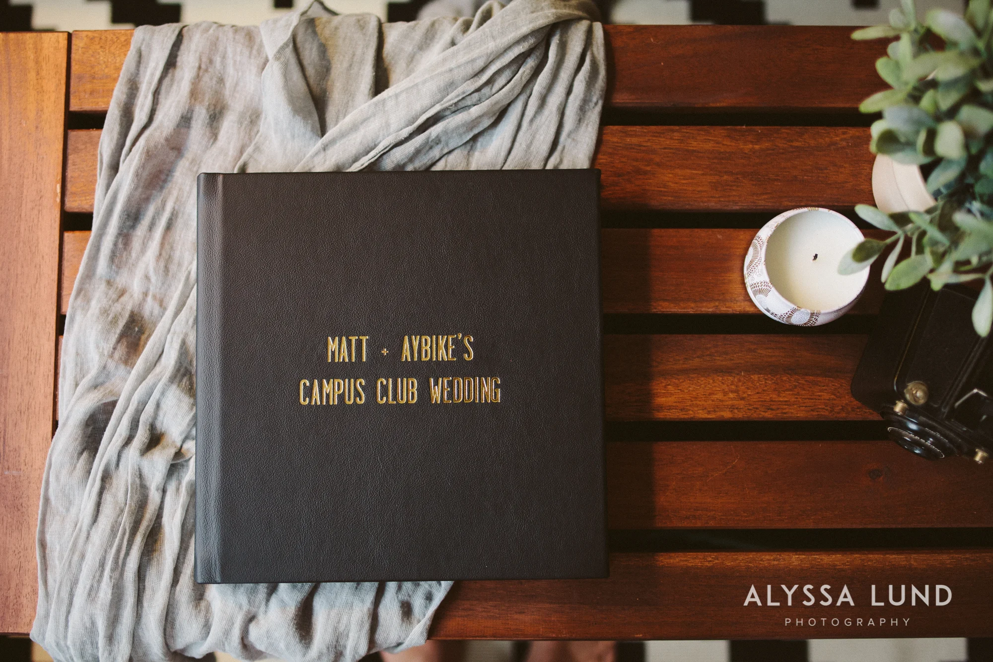 A leather printed wedding album with gold foil