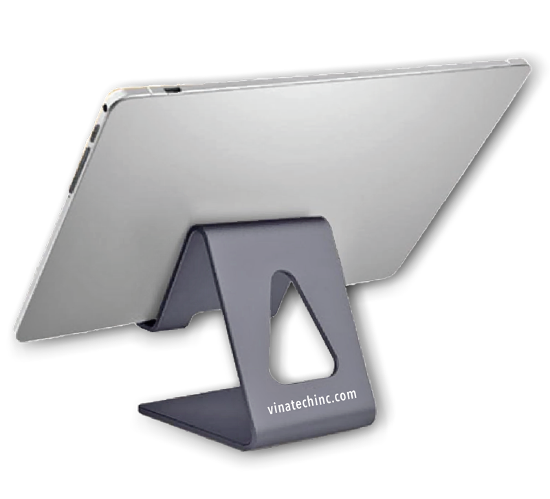 A tablet mounted on a dark gray stand with a hollow cutout, displaying the website vinatchinc.com, against a black background.