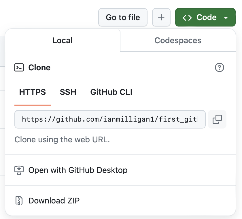GitHub Code menu showing options for cloning a repository. The HTTPS tab displays the repository URL with a copy button, along with options to open the repository in GitHub Desktop or download it as a ZIP file.