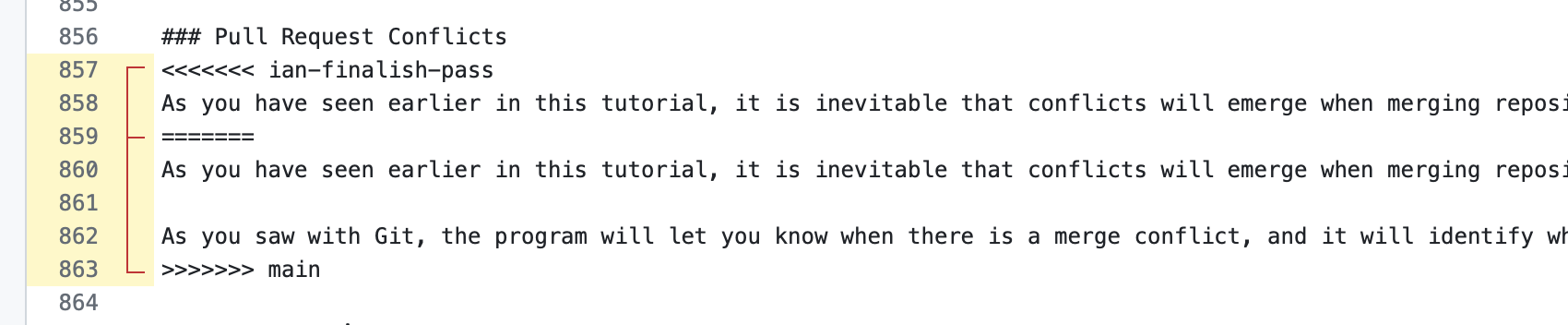 GitHub conflict editor showing merge conflict markers in a Markdown file. The markers separate differing text from the ian-finalish-pass and main branches.