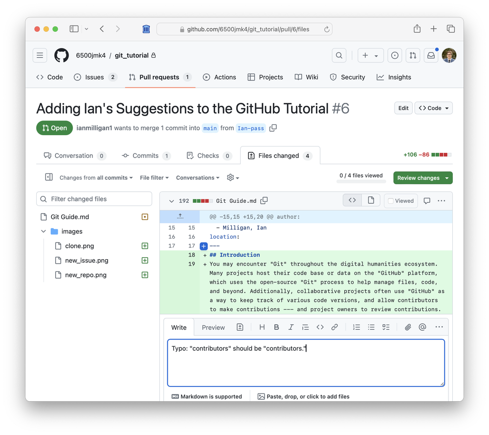 GitHub pull request Files changed tab showing edits to Git Guide.md. A review comment identifies the typo 'contirbutors' and suggests changing it to 'contributors.'