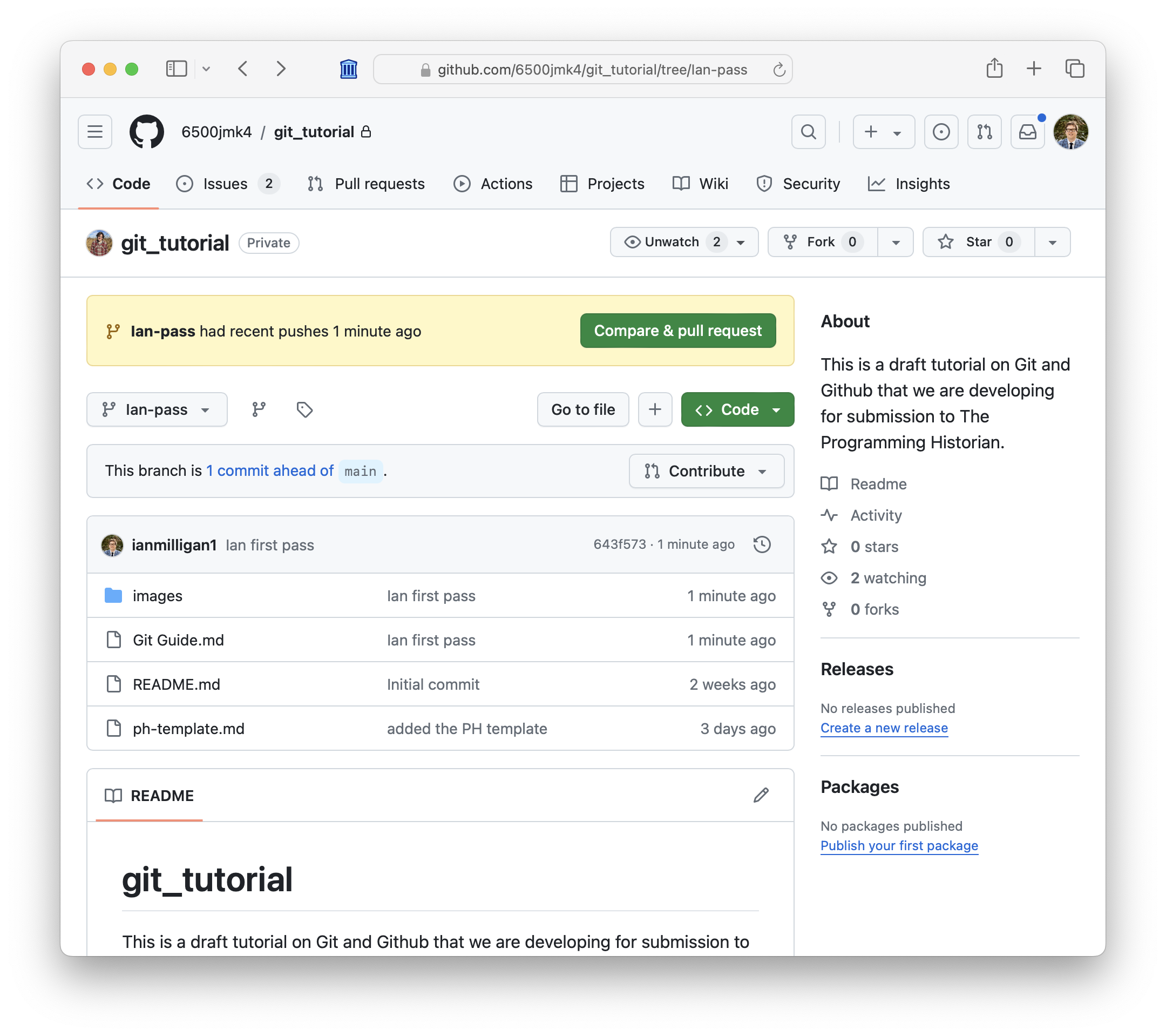 GitHub repository page for the Ian-pass branch of git_tutorial. A banner notes that the branch had recent pushes and provides a Compare and pull request button. The branch is one commit ahead of main.
