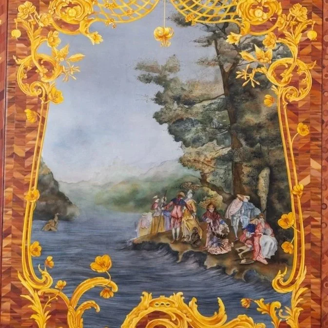 Detail of Robert Horvath's Room for the Lost Paradise. Wealthy nobles in 18th century dress standing on the banks of a rising river.